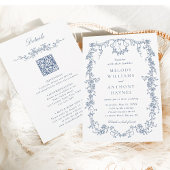 Alles in een Franse Victoriaans Blauwe Bloemen bru Kaart