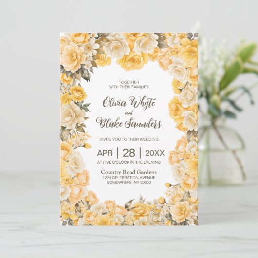 Alles in één gele bloemenbruiloft kaart (Staand voorkant)