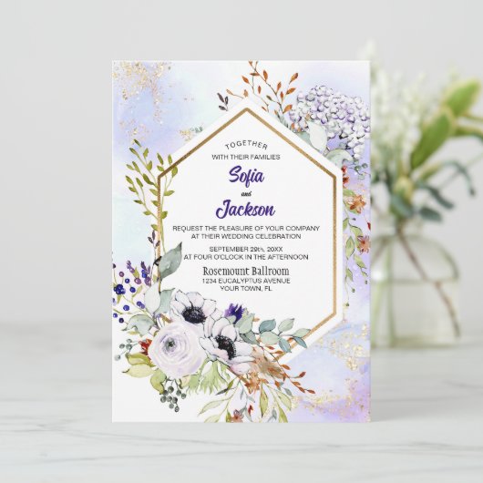 Alles in één goudgeometrische Paarse Floral Weddin Kaart (Staand voorkant)
