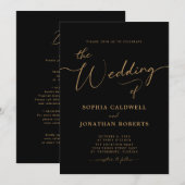 Alles in één goudkalligrafie Elegant Black Wedding Kaart (Voorkant / Achterkant)