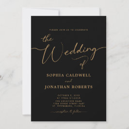 Alles in één goudkalligrafie Elegant Black Wedding Kaart