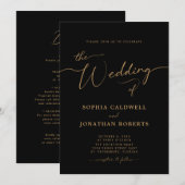 Alles in één goudkalligrafie Elegant Black Wedding Kaart (Voorkant / Achterkant)