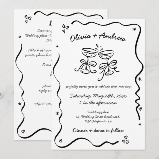 Alles in een grillige Funky Hand getrokken bruilof Kaart (Voorkant / Achterkant)