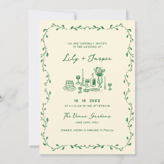 Alles in een groene hand getekend QR Code Wedding Kaart (Voorkant)
