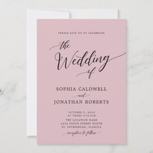 Alles in één kalligrafie Chic Dusty Roos Wedding Kaart (Voorkant)