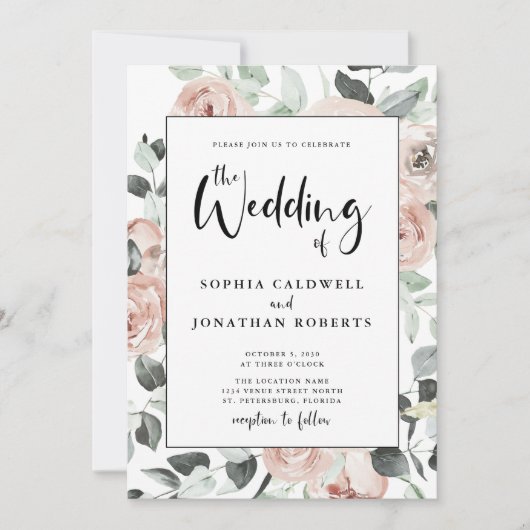 Alles in één kalligrafie Stusty Roses Wedding Kaart (Voorkant)