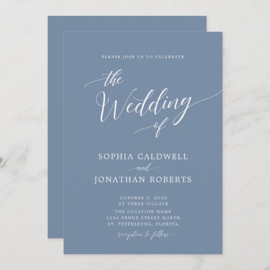 Alles in één kalligrafie Trendy Dusty Blue Wedding Kaart (Voorkant / Achterkant)