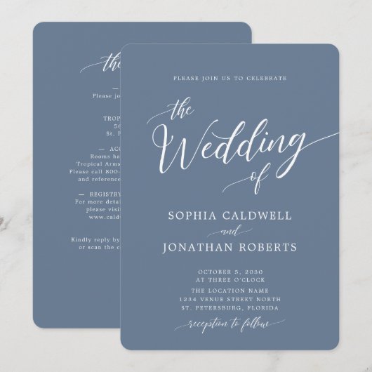 Alles in één kalligrafie Trendy Dusty Blue Wedding Kaart (Voorkant / Achterkant)