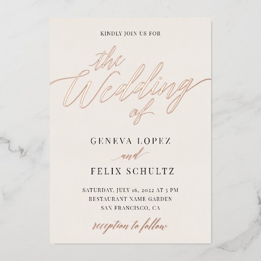 Alles in één klassieke Roos Gold Foil hand met bri Folie Uitnodiging (Voorkant)