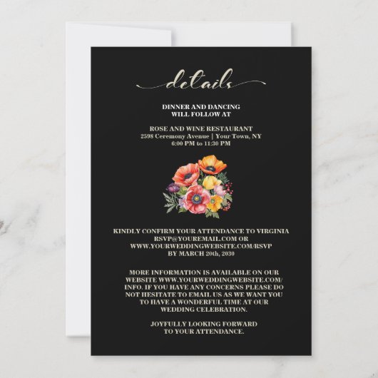 Alles in een kleurrijke papavers zwart bruiloft kaart (Achterkant)