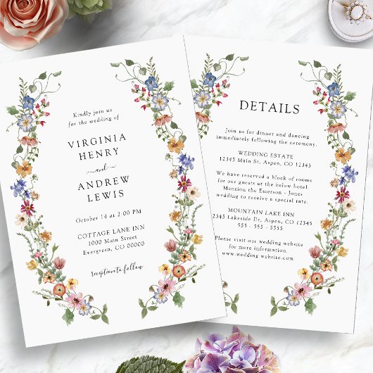 Alles in één kleurrijke Wildflower bruiloft Kaart