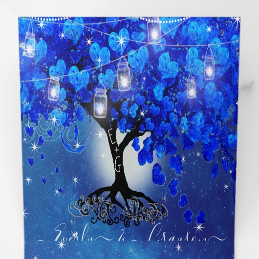 Alles in één koninklijk blauw lef-huwelijk drieluik uitnodiging (Binnenzijde eerst)