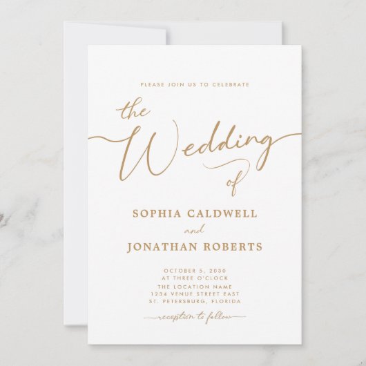 Alles in één legant Gold Calligraphy Wedding Kaart (Voorkant)