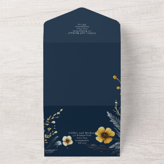 Alles in een marine geel goud bloemenbruiloft RSVP All In One Uitnodiging (Buitenkant)