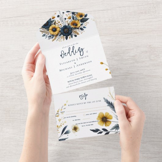 Alles in een marine geel goud bloemenbruiloft RSVP All In One Uitnodiging (Afscheurbaar)