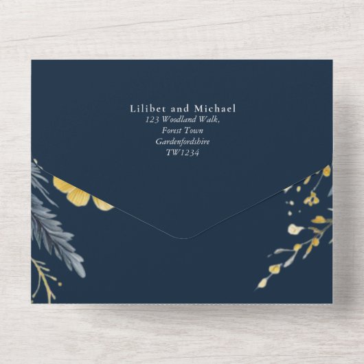 Alles in een marine geel goud bloemenbruiloft RSVP All In One Uitnodiging (Achterkant)