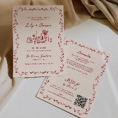 Alles in één Maroon Hand getrokken QR Code bruilof Kaart