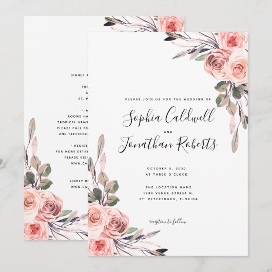 Alles in één met details Blush roze rozen bruiloft Kaart (Voorkant / Achterkant)