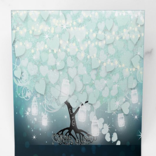 Alles in één mint blush Blue Heart Leaf Weddenscha Drieluik Uitnodiging (Binnenzijde eerst)