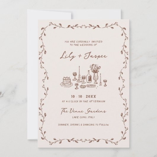 Alles in één Mocha Hand getrokken bruiloft uitnodi Kaart (Voorkant)