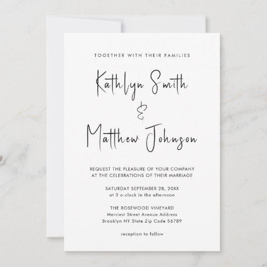 Alles in één modern script minimalistisch huwelijk kaart (Voorkant)