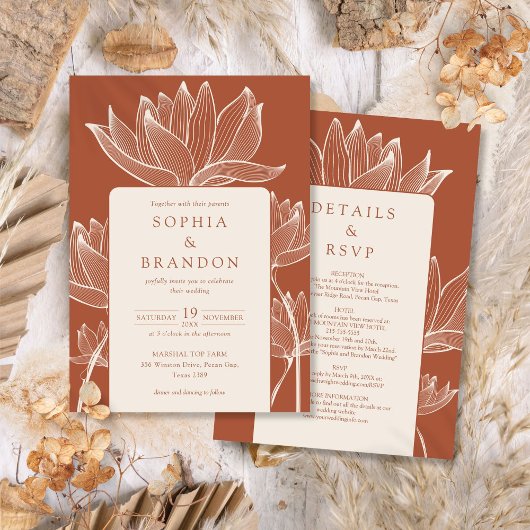 Alles in een moderne bloementerracotta bruiloft kaart