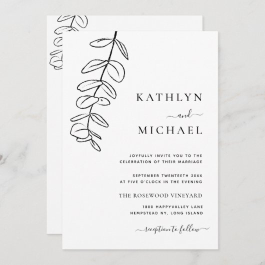 Alles in een moderne eucalyptus lijn art bruiloft kaart (Voorkant / Achterkant)