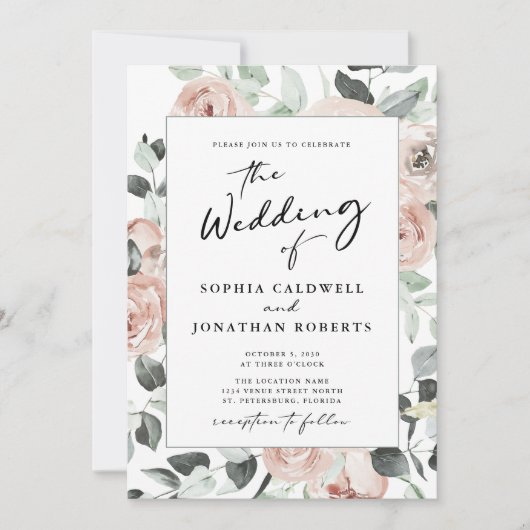 Alles in één moderne kalligrafie roze rozen bruilo kaart (Voorkant)