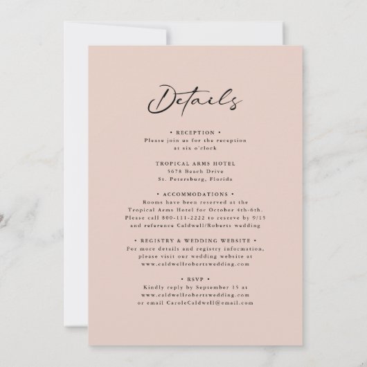 Alles in één moderne kalligrafie roze rozen bruilo kaart (Achterkant)