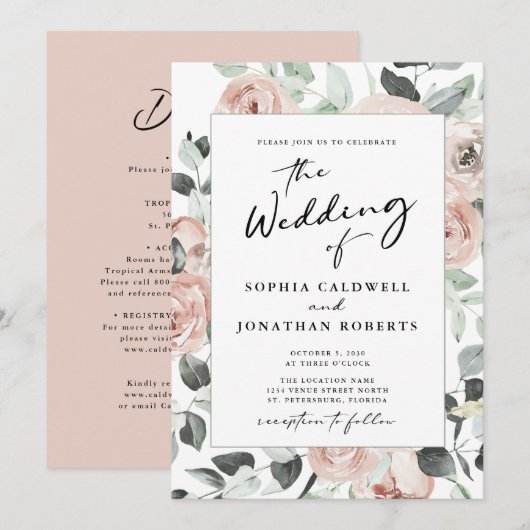 Alles in één moderne kalligrafie roze rozen bruilo kaart (Voorkant / Achterkant)