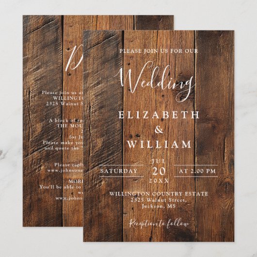 Alles in een moderne rustieke schuur houten bruilo kaart (Voorkant / Achterkant)
