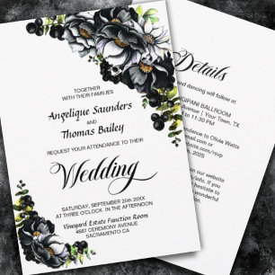 Alles in één Moody Black Floral White Wedding Kaart