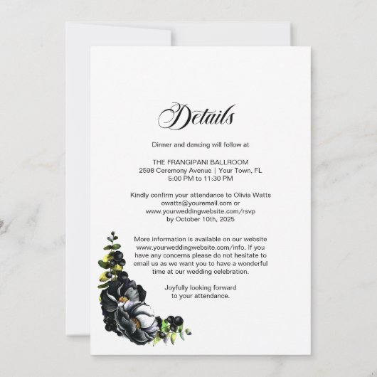 Alles in één Moody Black Floral White Wedding Kaart (Achterkant)