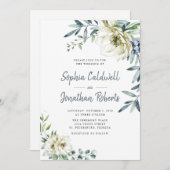 Alles in één mosterd Blue Eucalyptus Floral Weddin Kaart (Voorkant / Achterkant)