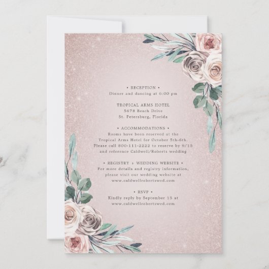 Alles in één mosterd roze Roses Boho Glitter Wedde Kaart (Achterkant)