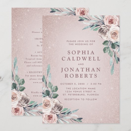 Alles in één mosterd roze roses Boho Glitter Weddi Kaart (Voorkant / Achterkant)