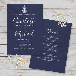 Alles in één Nautical Navy Blue en White Wedding Kaart