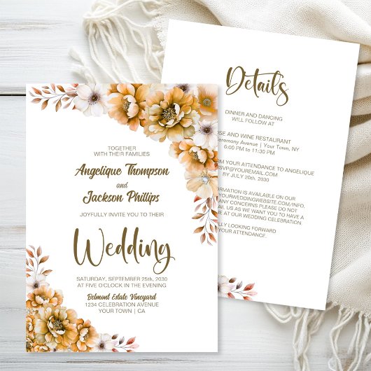 Alles in één Oranje bloemenbruiloft Kaart