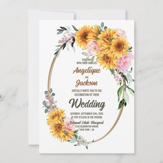Alles in één ovaal zonnebloem roze roze bruiloft kaart (Voorkant)