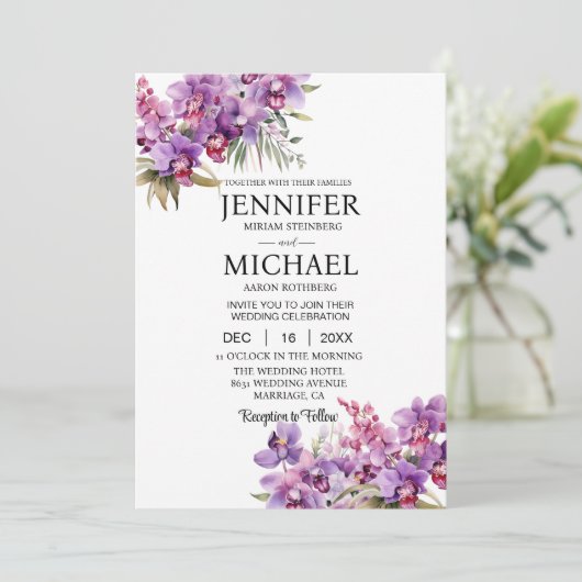 Alles in één Paarse Orchideeën Trouwuitnodiging Kaart (Staand voorkant)