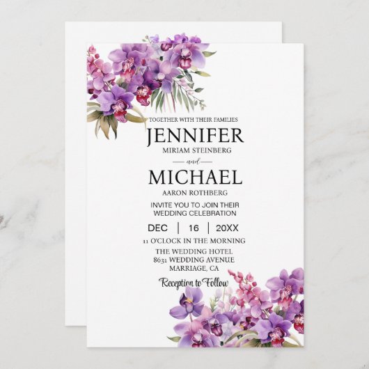 Alles in één Paarse Orchideeën Trouwuitnodiging Kaart (Voorkant / Achterkant)