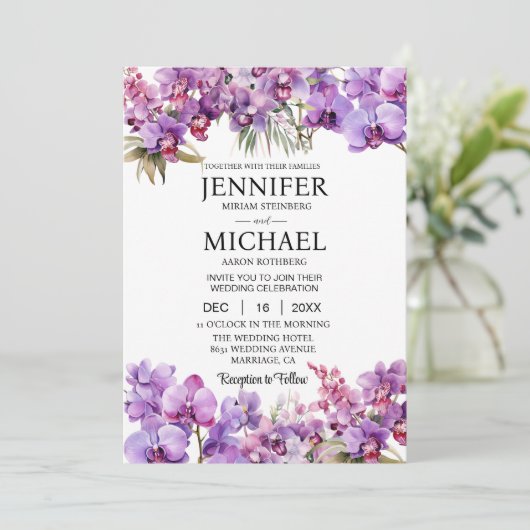 Alles in één Paarse Orchideeën Trouwuitnodiging Kaart (Staand voorkant)