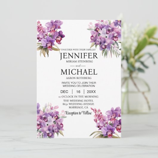 Alles in één Paarse Orchideeën Trouwuitnodiging Kaart (Staand voorkant)