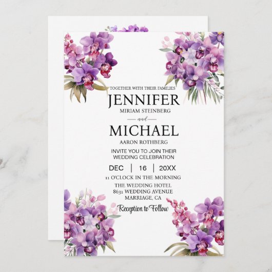 Alles in één Paarse Orchideeën Trouwuitnodiging Kaart (Voorkant / Achterkant)