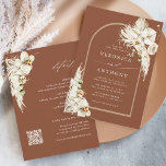 Alles in één Pampas grass Orchid Wedding Terracott Kaart<br><div class="desc">Deze all-in-one trouwuitnodiging bevat geschilderde witte orchideeën voor de waterverf, droog pampasgras, witte antraums, wilde bloemen, exotische bladeren met een lijst voor de boog, en trouwgegevens, RSVP QR-code op de achterkant. Voor meer geavanceerde aanpassing van dit ontwerp, te klikken gelieve de BUTTON van het TOOL VAN HET ONTWERP BLAUW hierboven!...</div>