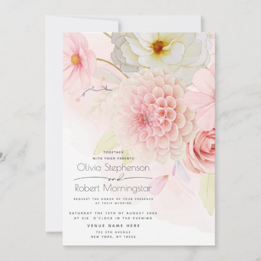 Alles in één pastel roze bloemen bruiloft kaart (Voorkant)