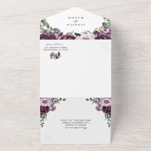 Alles in één plum Peonies Romantic Wedding Invite All In One Uitnodiging (Buitenkant)