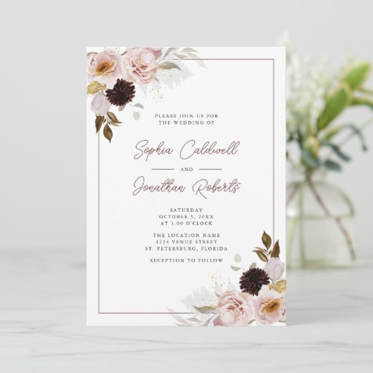 Alles in één QR-code Blush Roses Weddenschap Kaart (Staand voorkant)