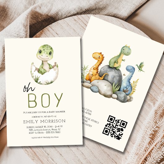 Alles in een QR Code Dinosaur Baby Boy Shower Kaart