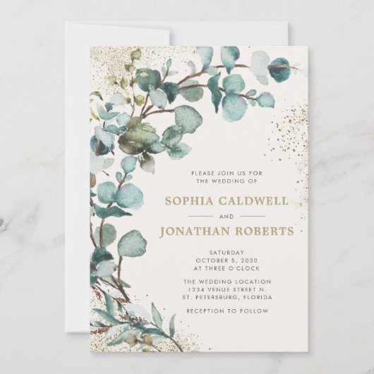 Alles in één QR-code Eucalyptus Gold Glitter Wedde Kaart (Voorkant)